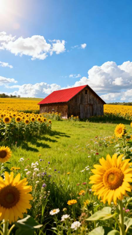 红顶谷仓映向日葵海图片