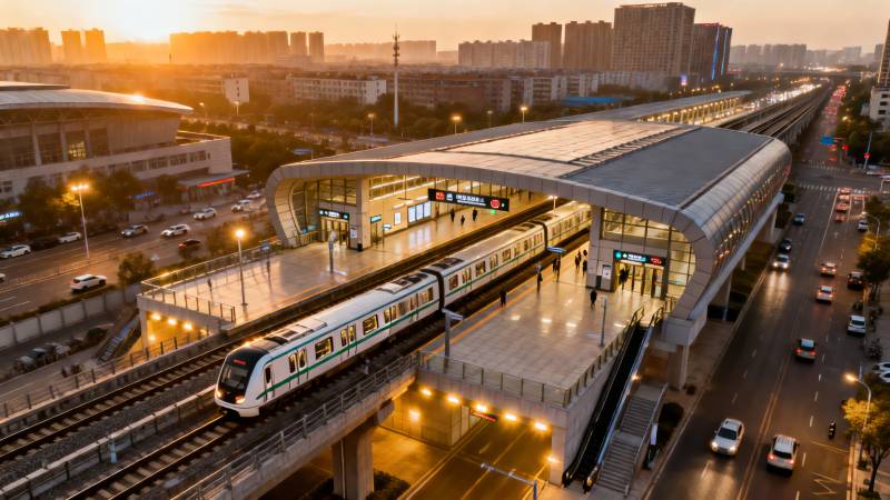 夕阳下的城市轻轨站图片