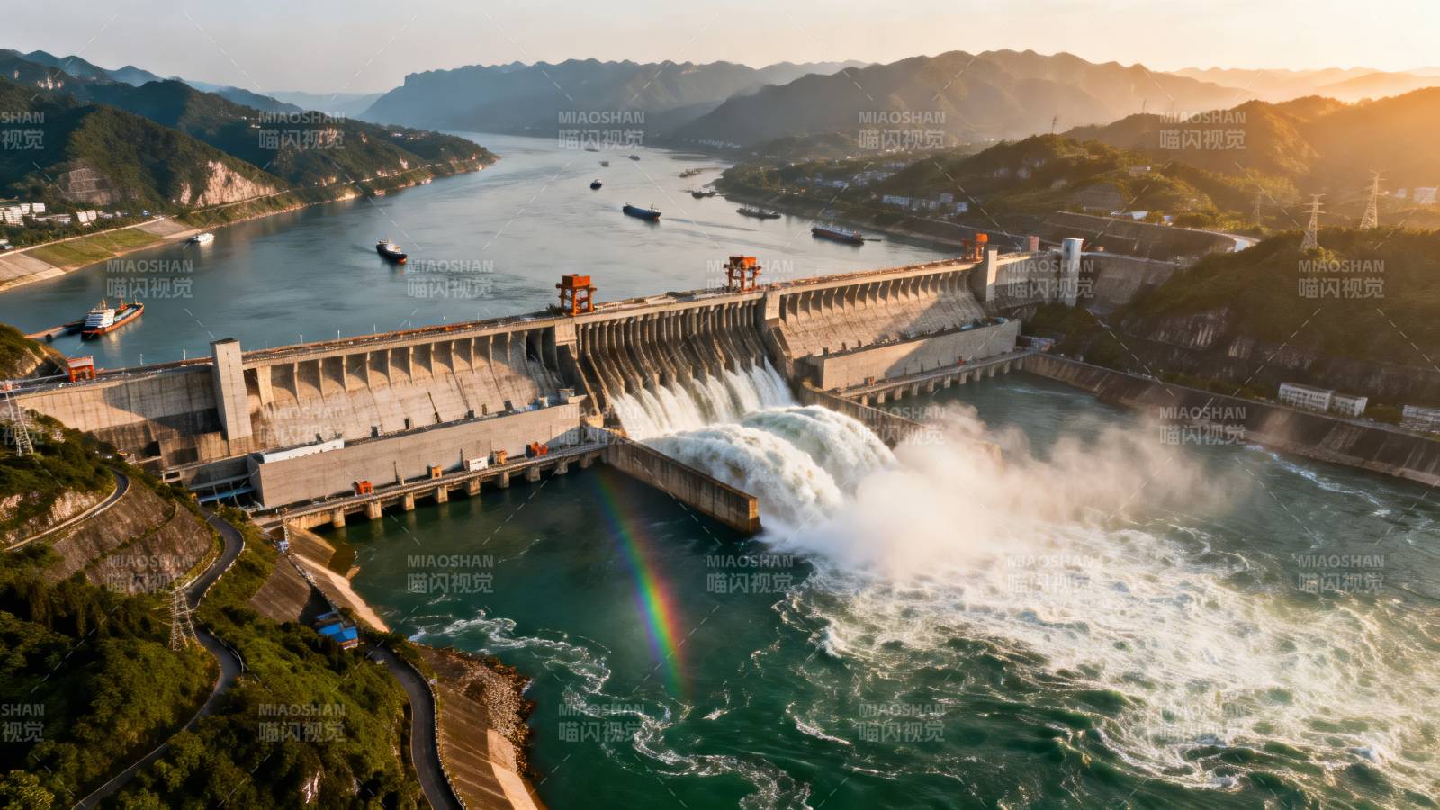 大坝泄洪 彩虹映山河图片