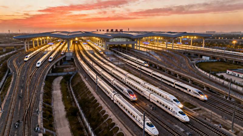 高铁站黄昏列车如龙图片