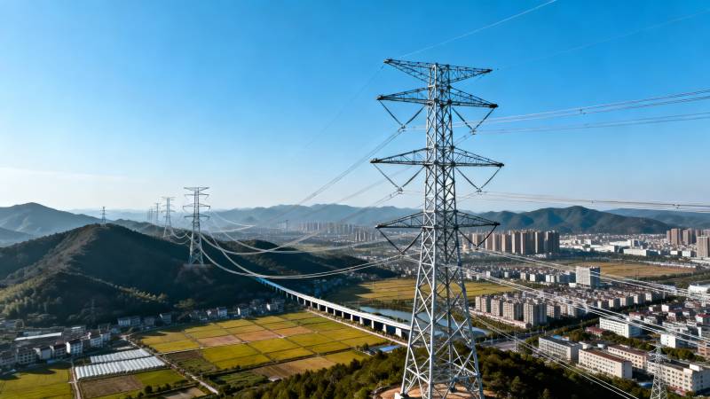 高压电塔横跨城乡风光图片