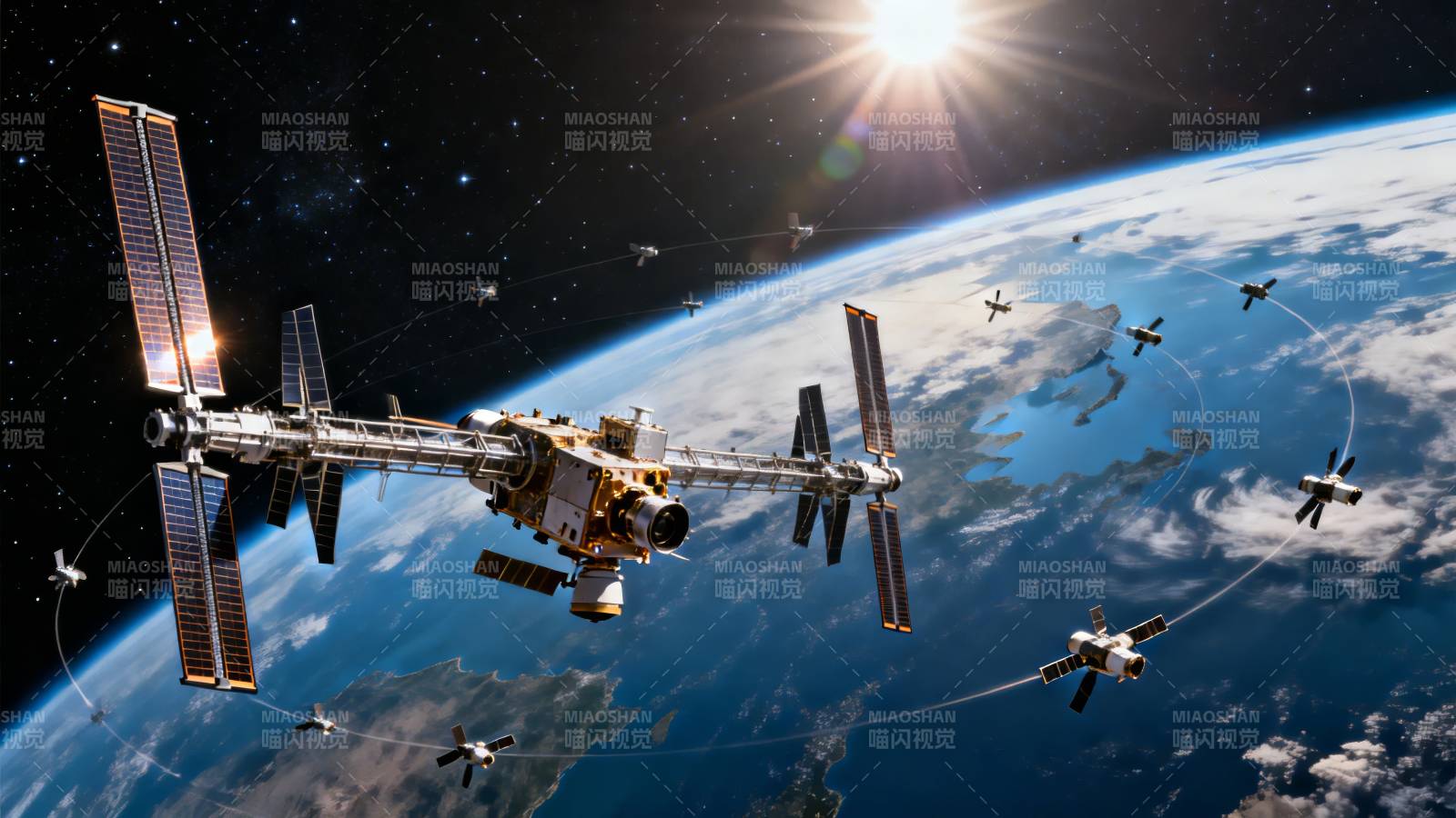 太空站环绕地球运行中图片