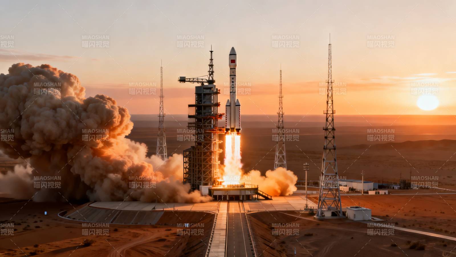 火箭日出升空 烈焰耀沙漠图片