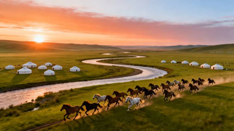 草原日落 骏马奔腾如风图片