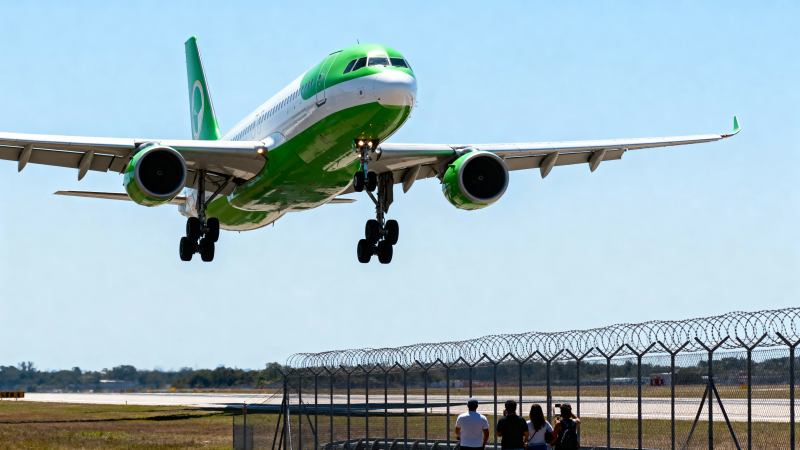 绿白客机低空降落机场图片