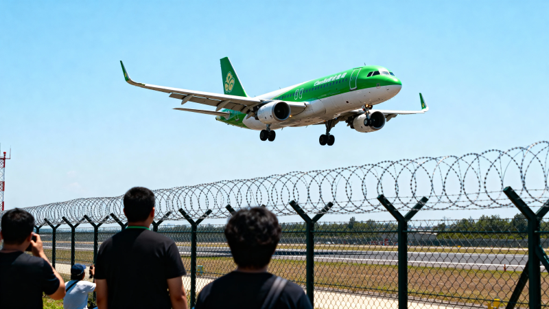 绿白客机起飞 众人围观图片