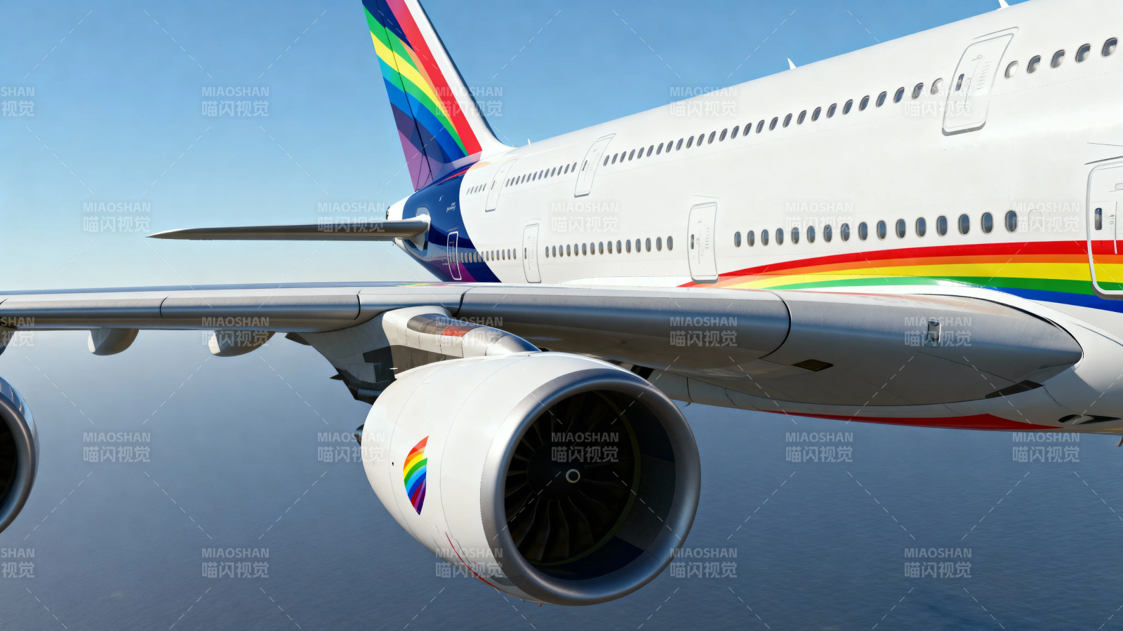 彩虹涂装客机翱翔蓝天图片