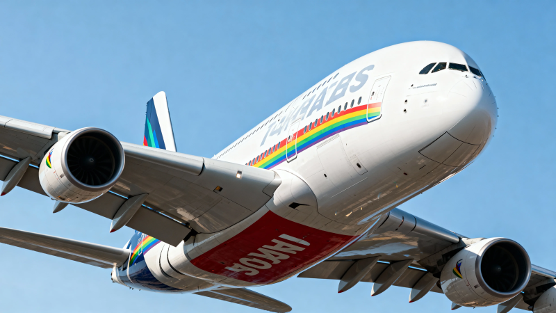 彩虹涂装客机蓝天翱翔图片