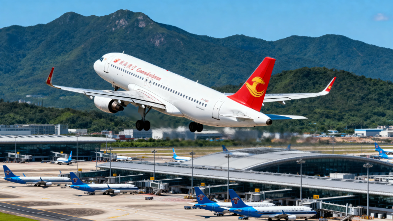 客机起飞 山峦机场背景图片