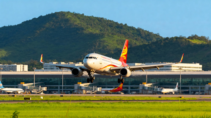 飞机起飞 山景为背景图片