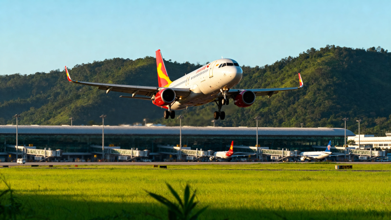 飞机起飞 青山绿野伴飞图片