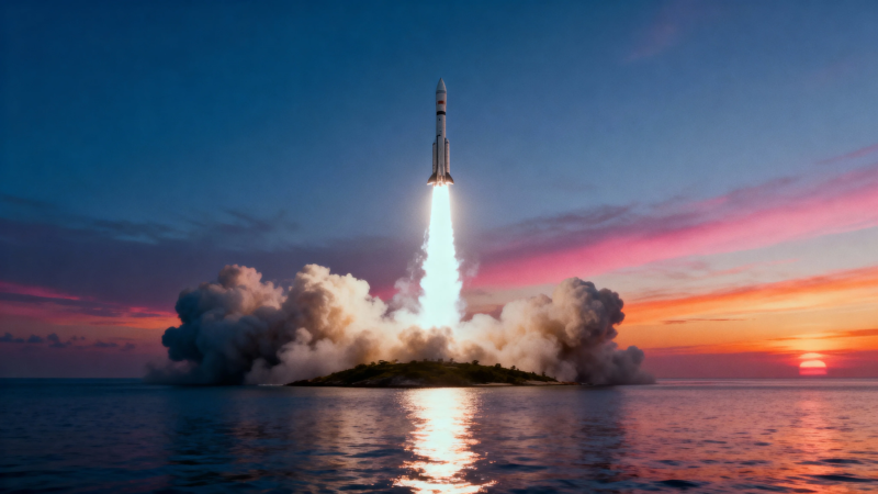 火箭升空 海天映霞光图片