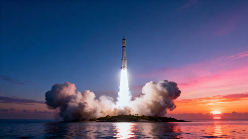 火箭升空 霞光映海图片