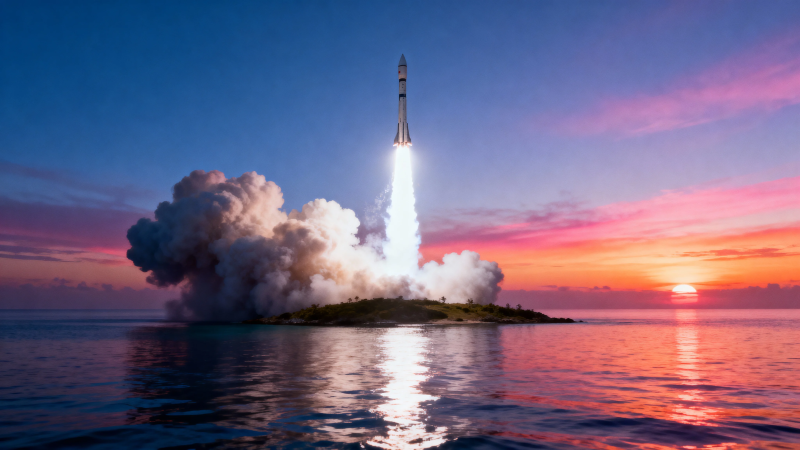 火箭升空 海天霞光映图片