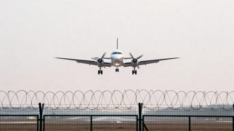 飞机降落 铁丝网前图片