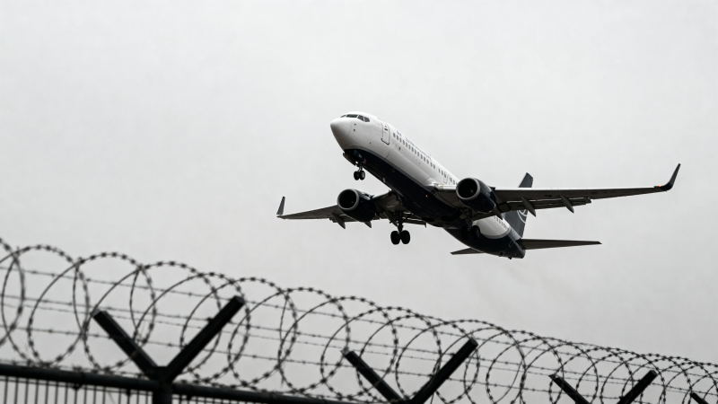 飞机起飞 铁丝网围栏背景图片