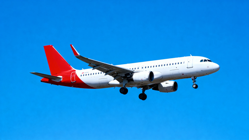 红尾客机蓝天飞行中图片
