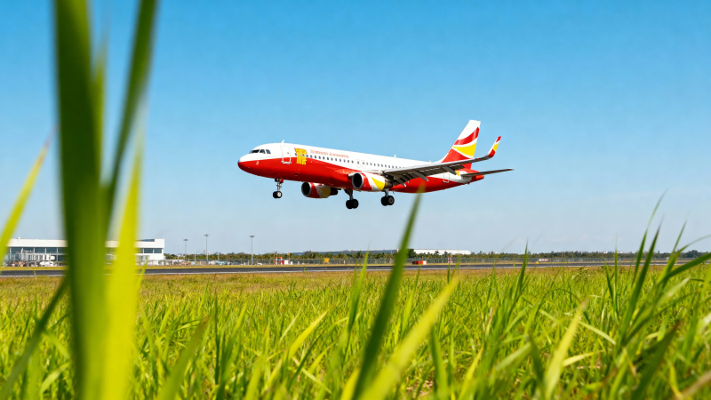 红白客机低空掠过绿野图片