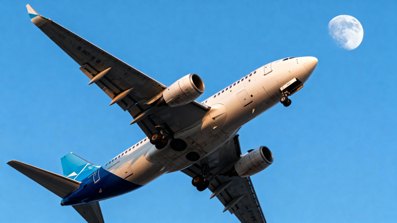 飞机伴月飞蓝天图片
