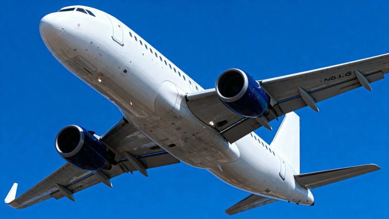 蓝天下的白色客机飞行中图片