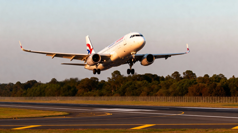 客机起飞瞬间 蓝天映衬跑道图片