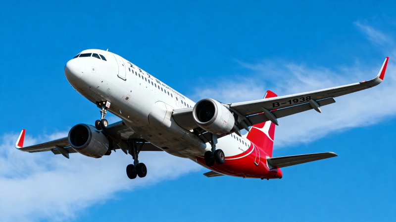 红白客机蓝天起飞图片