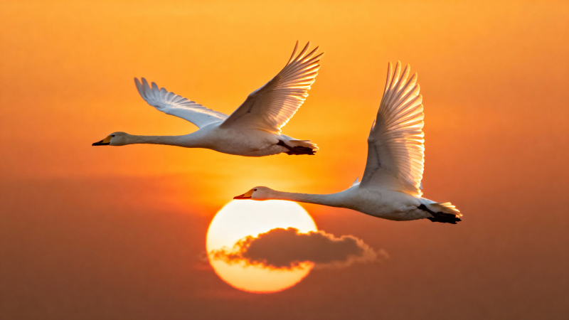 夕阳双天鹅 展翅共翱翔图片