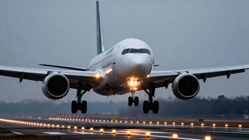 飞机降落 灯光映照跑道图片