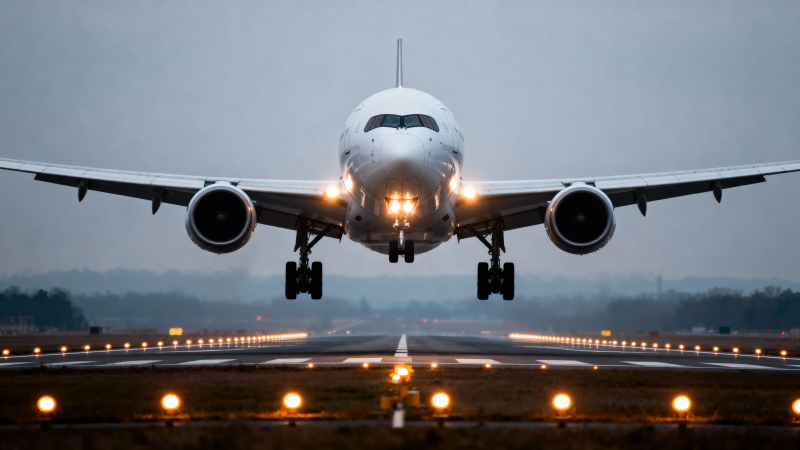 飞机降落 灯光照亮跑道图片
