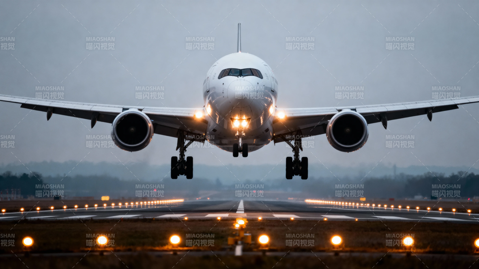 飞机降落 灯光照亮跑道图片