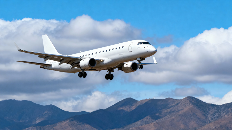 飞机掠过山峦 云下飞行中图片