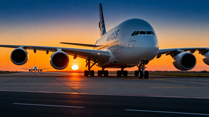 夕阳下的巨无霸客机图片