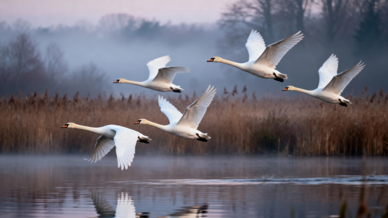 晨雾天鹅飞掠湖面图片