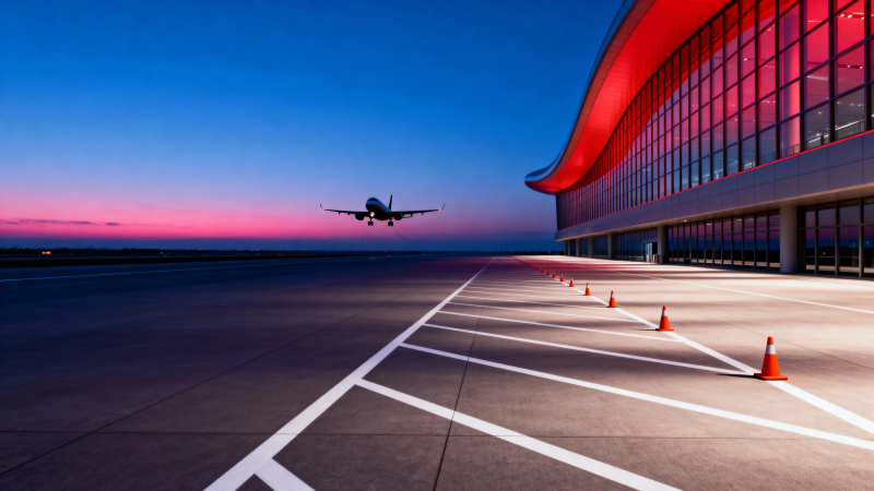 暮色机场 飞机降落瞬间图片