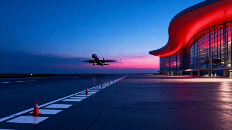 暮色机场 飞机起飞瞬间图片