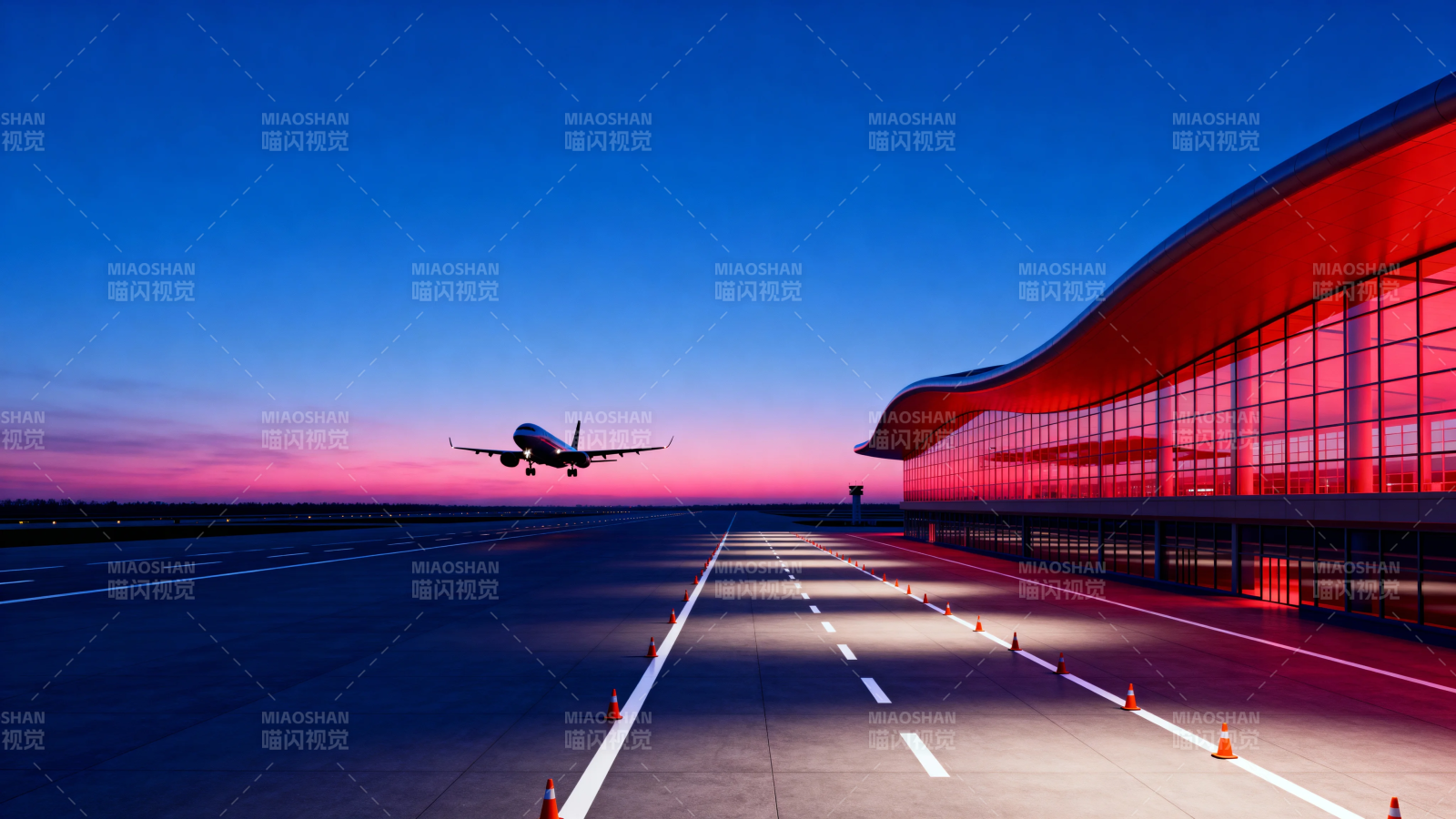 暮色机场 飞机起飞瞬间图片