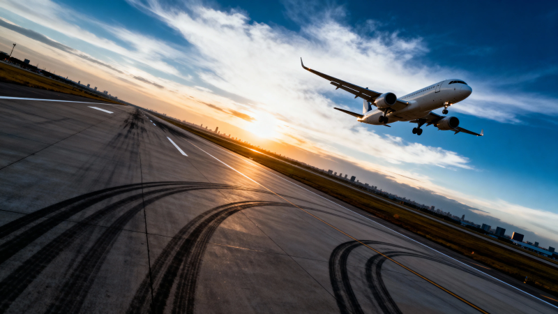 夕阳下飞机起飞瞬间图片