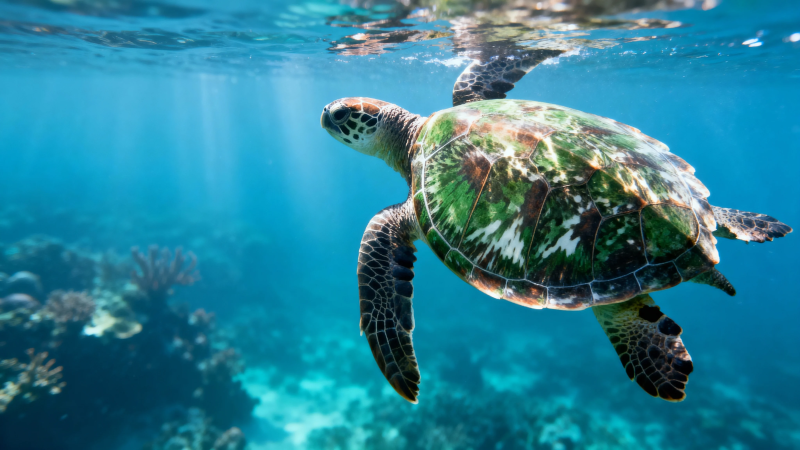 海龟悠游珊瑚礁间图片