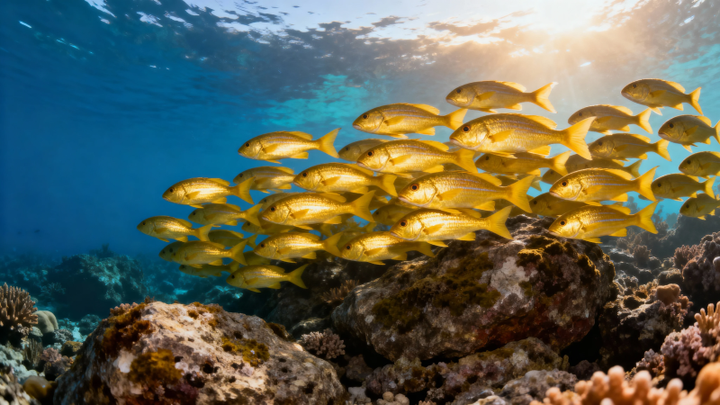 金群鱼游珊瑚礁图片