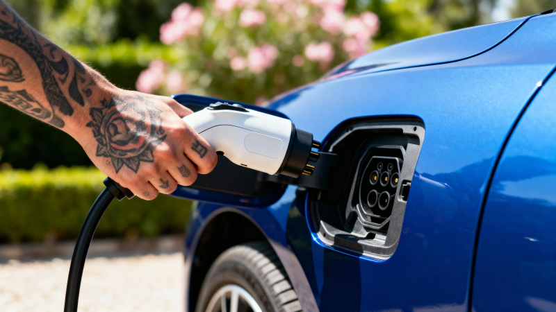 纹身手插电车充电中图片