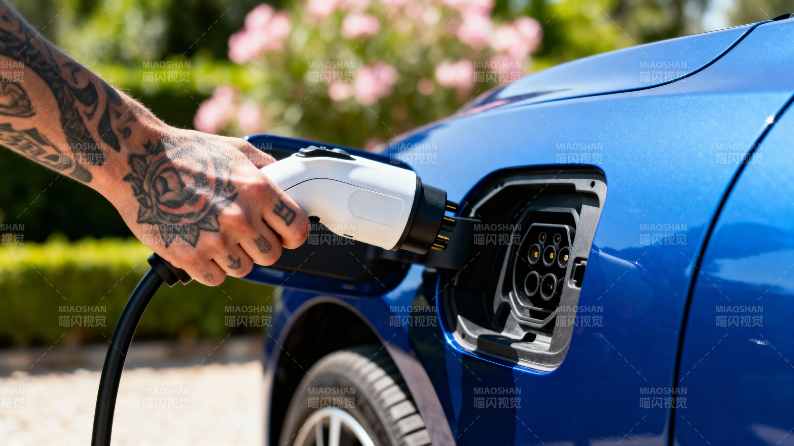 纹身手插电车充电中图片