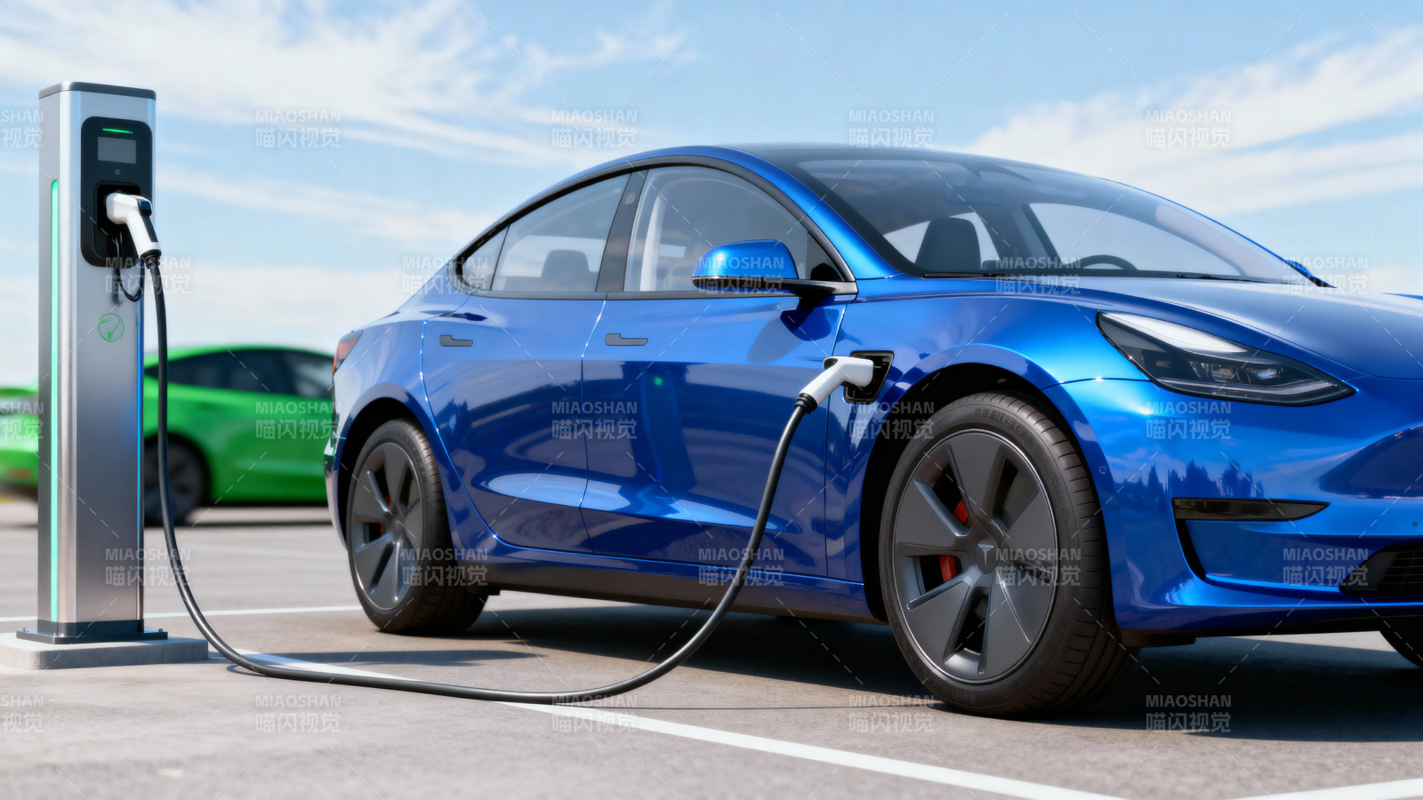 蓝色电动车充电中图片