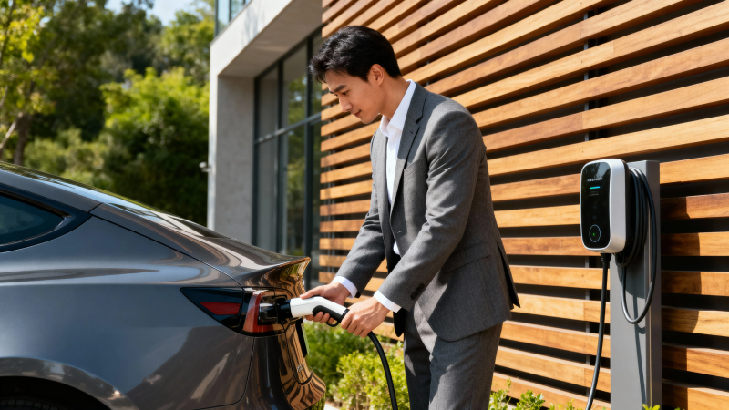 西装男充电动车图片