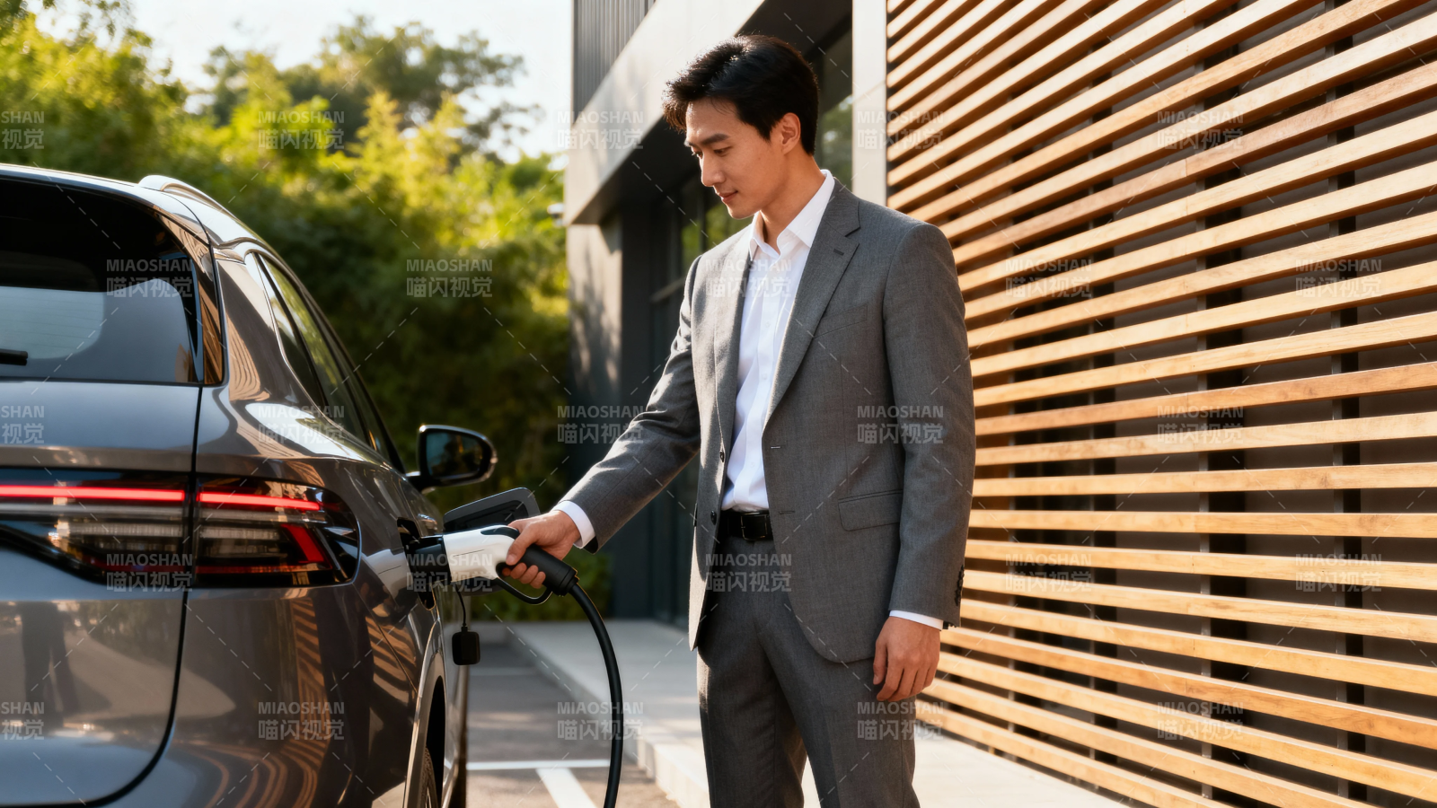 西装男为电动车充电图片