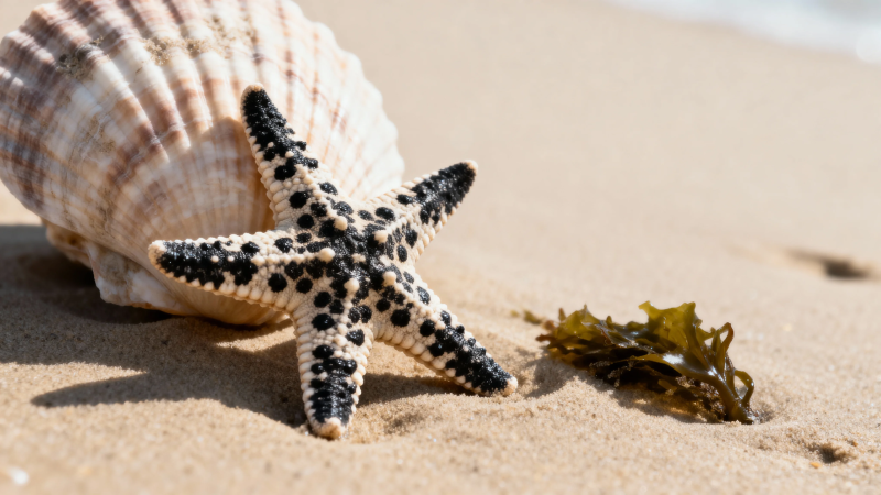 沙滩上的海星与贝壳图片