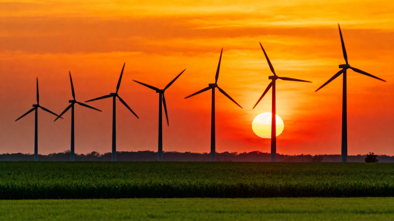 夕阳下的风力发电场图片
