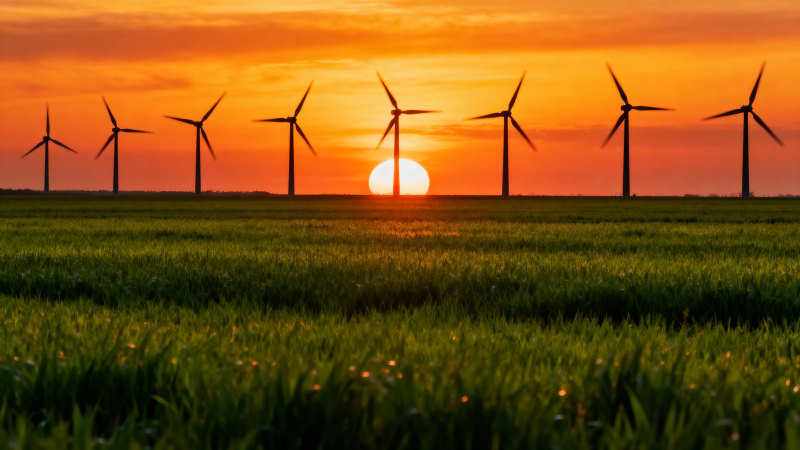夕阳风车绿野图图片