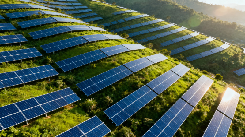 山坡光伏阵列 绿能闪耀晨光图片