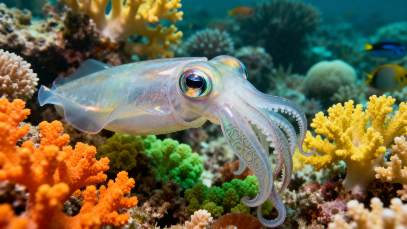 珊瑚礁中的透明小鱿鱼图片