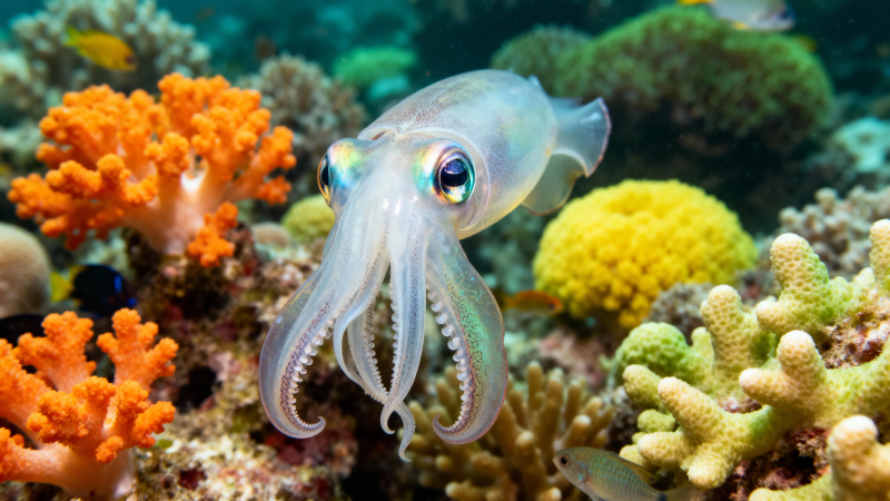 珊瑚礁中的小鱿鱼图片